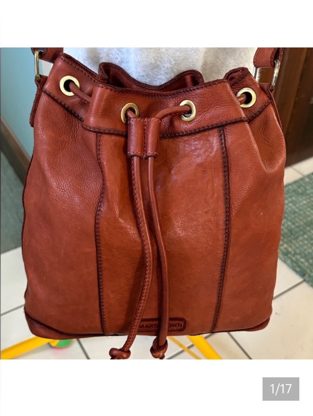 Marta Ponti  Shoulder/ Crossbody bucket bag/drawstring Soft leather cognac brow